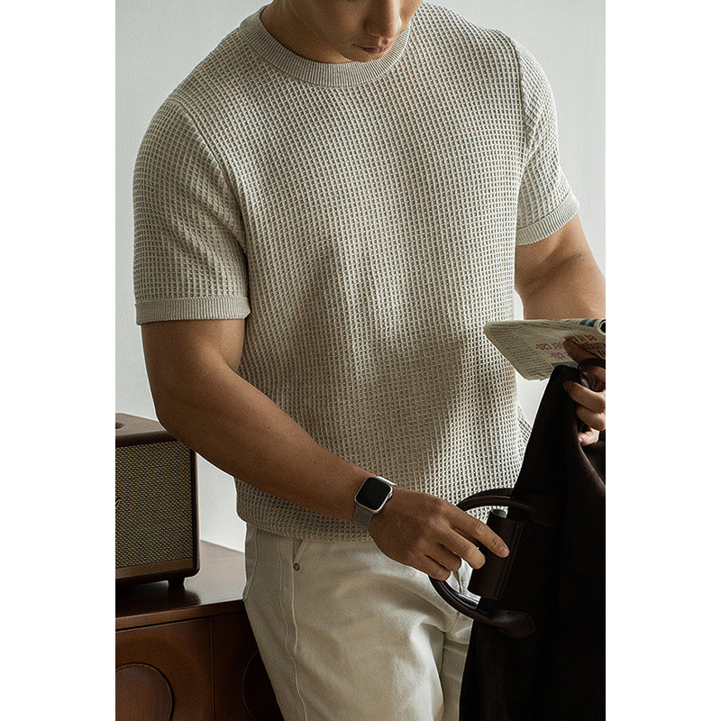American Retro Waffle Drape Round Neck Short Sleeve T-shirt